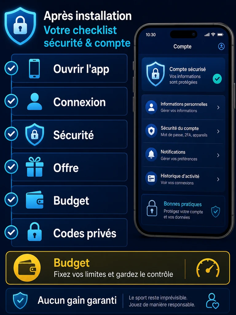 Checklist: ouvrir l'application, sécuriser le compte et régler le budget après installation.