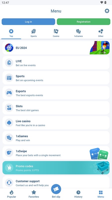 1xBet : menu principal de l'application